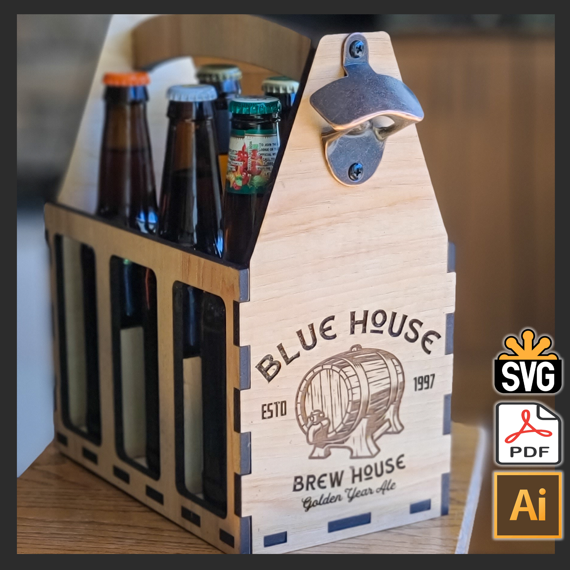 Wooden 6 Pack Beer Laser Cut Ai CNC Router Digital Pack Beer svg Instant Download Svg CNC Cutting Vector Files Cdr Dxf